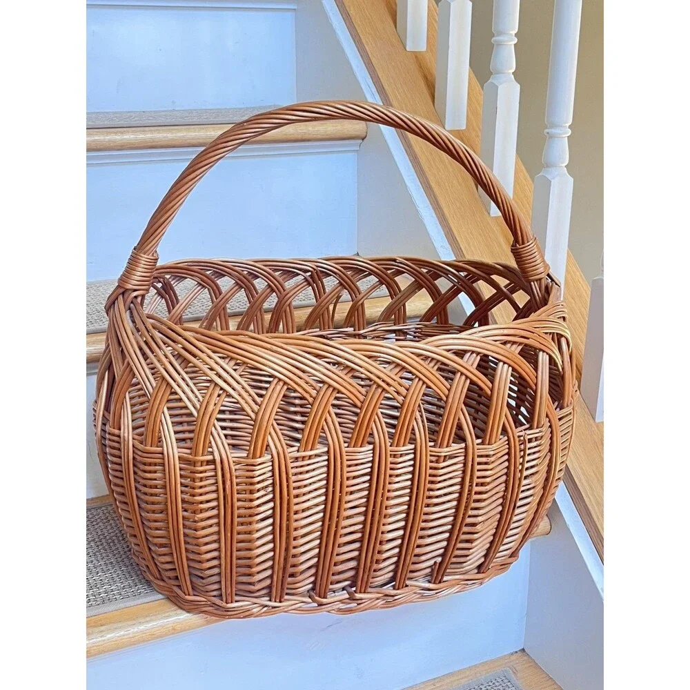 Vintage Polish Willow Wicker Woven High Arch Gathering Basket 20” x 16” Country